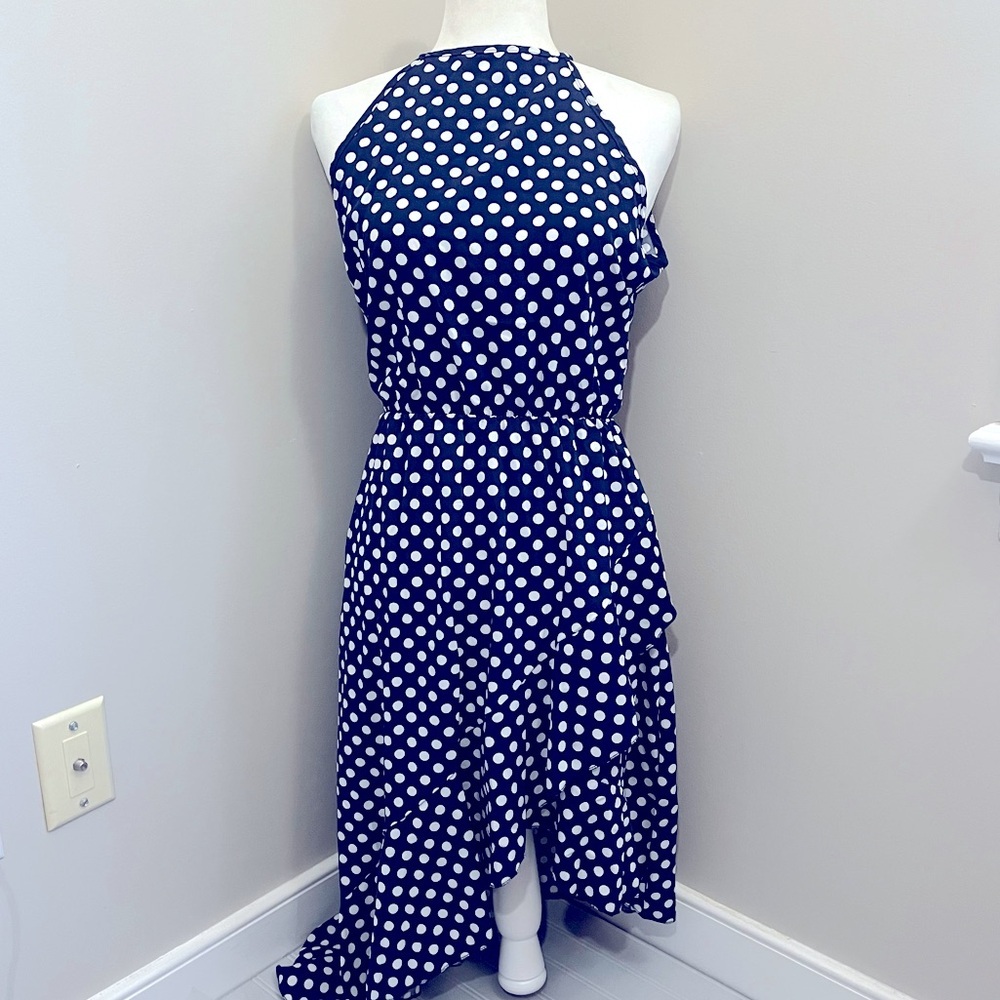 Claudia G Sleeveless Asymmetric‎ HalterTop Dress Womens M Navy White Dot NWOT